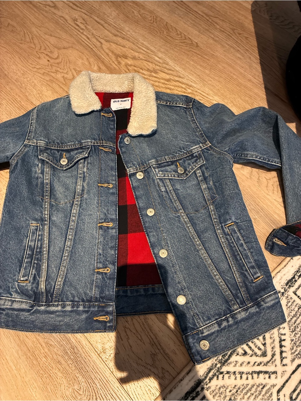 Old Navy Blue Denim Jacket with Cream Sherpa Collar and Red Plaid Lining
